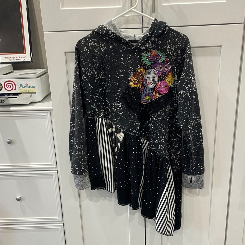 Black and White Hoodie with Mardi Gras Masks and black lace appliqués